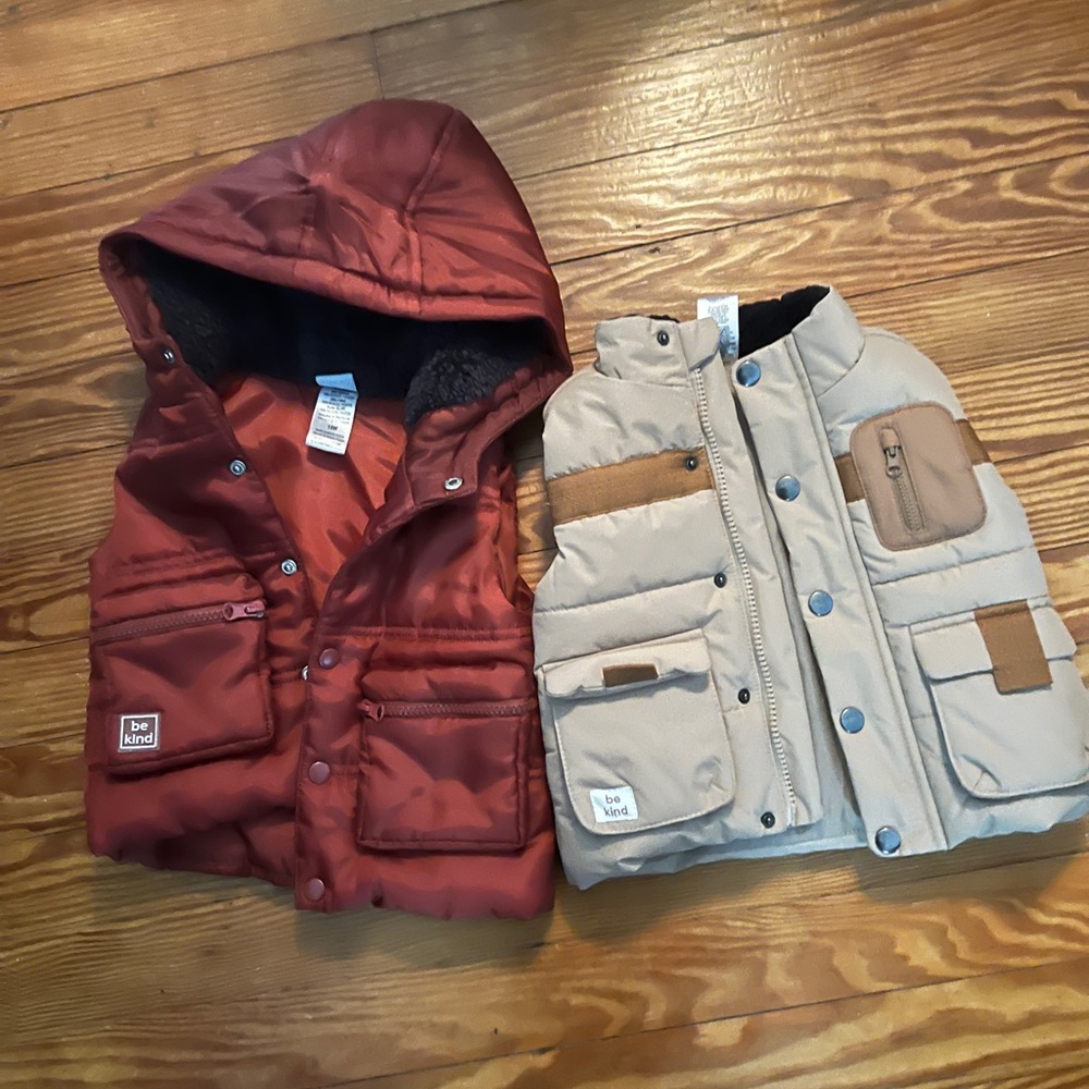 Kids' burgundy and Tan Puffer Vests.